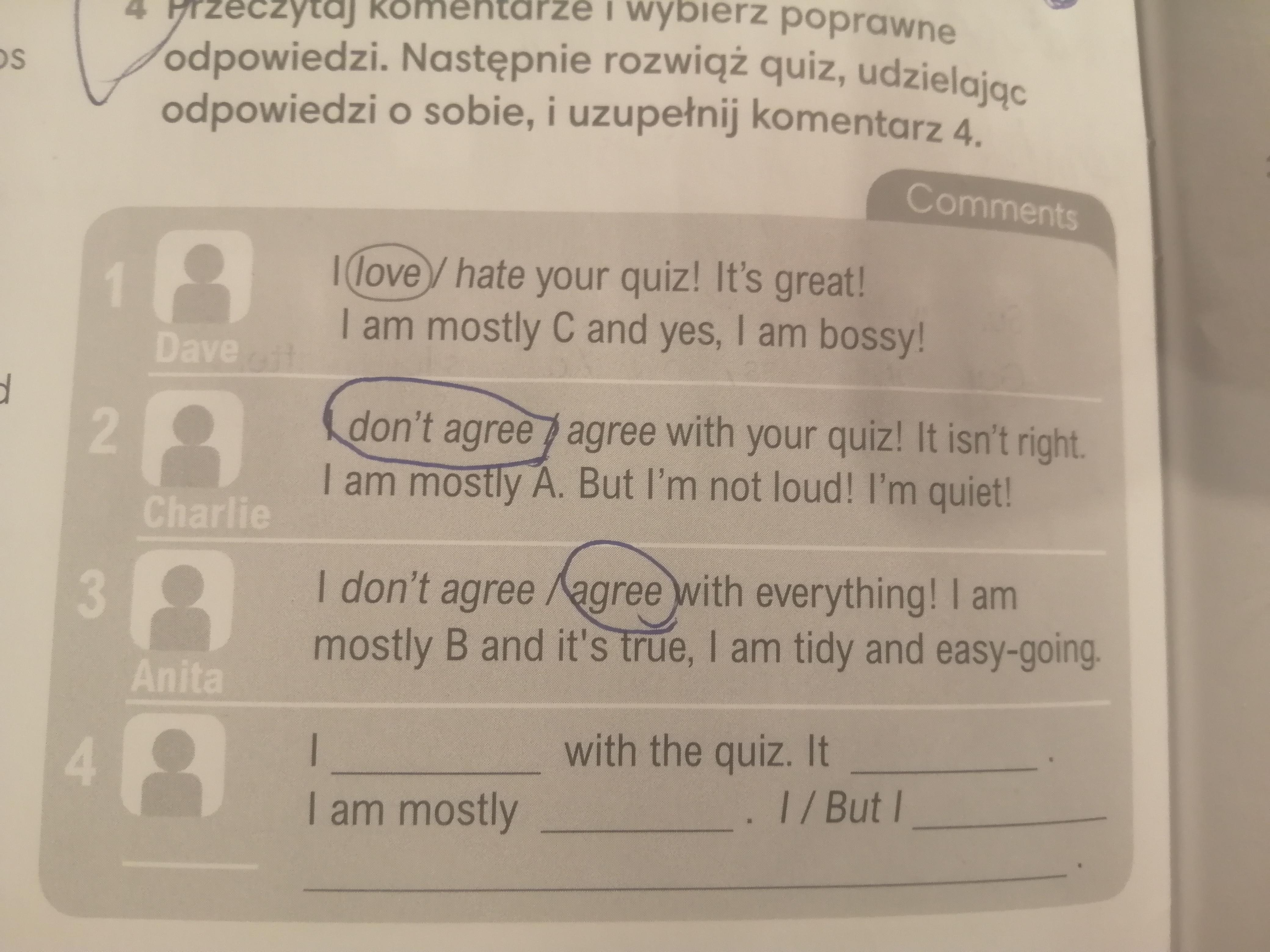 Przeczytaj komentarze i wybierz poprawne odpowiedzi. Następnie rozwiąż English Class Klasa 4 Odpowiedzi