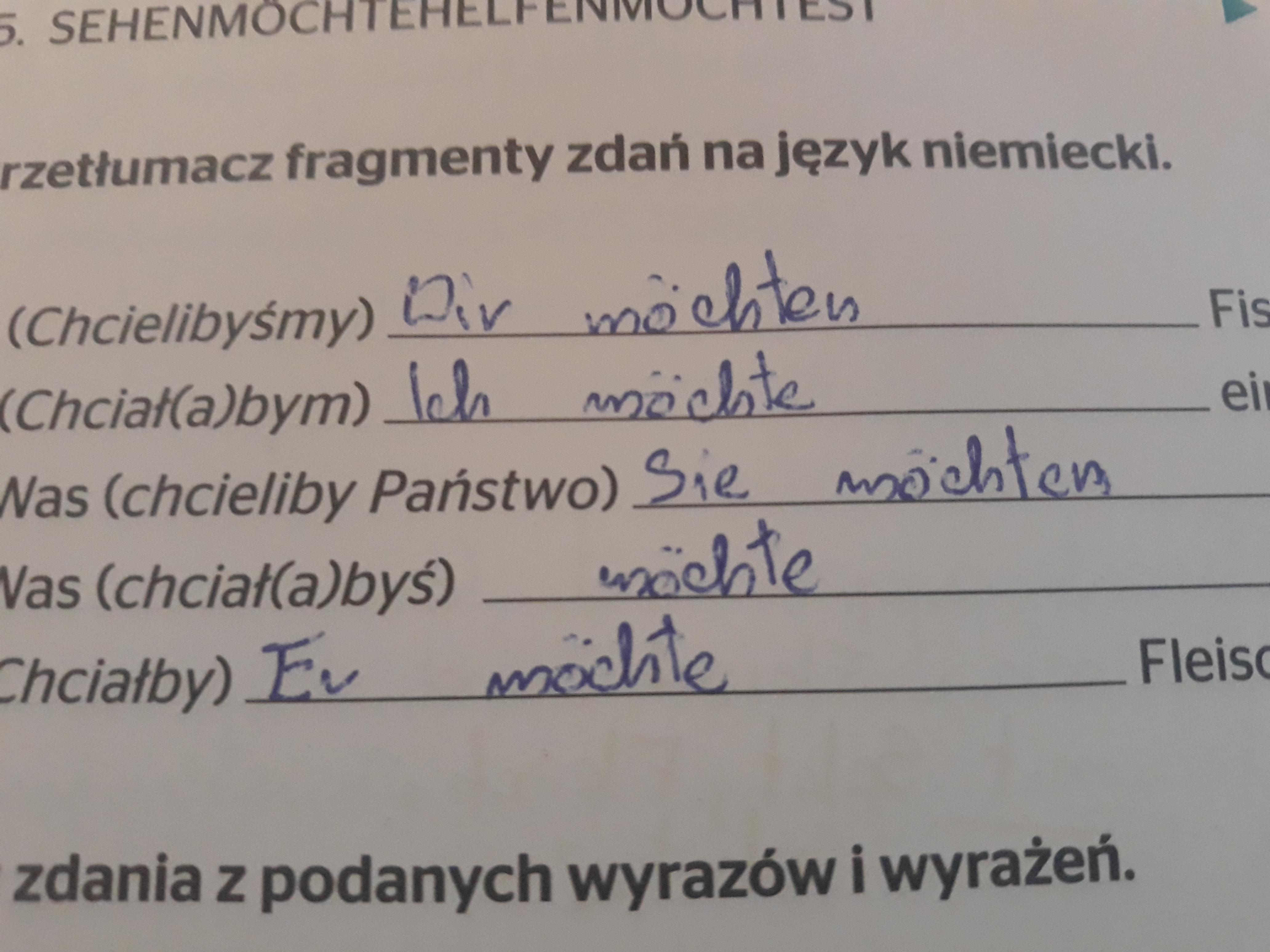 przetłumacz fragmenty zdań na język niemiecki (Chcielibyśmy Przetłumacz Odpowiednio Fragmenty Zdań Na Język Niemiecki