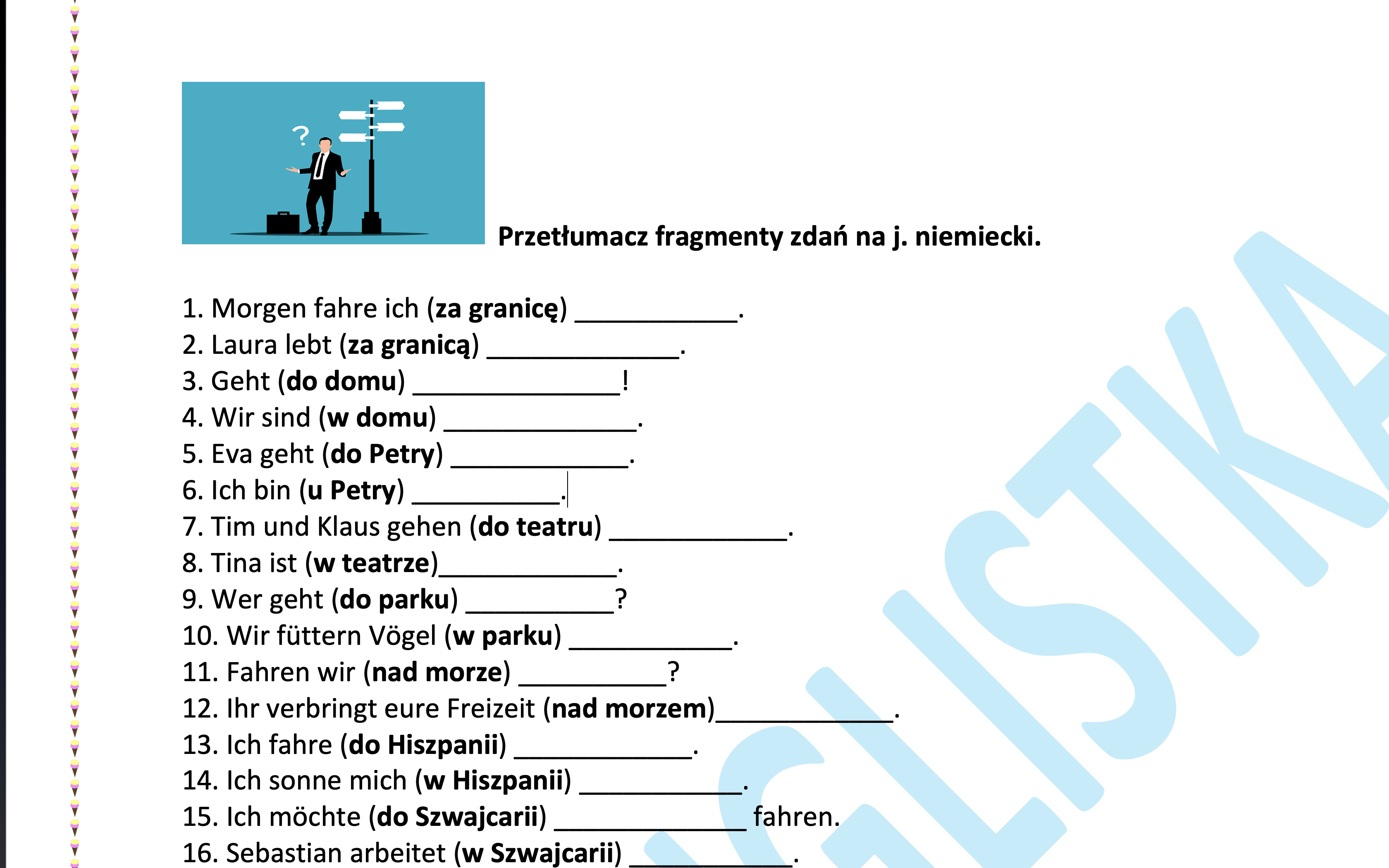 Przyimki miejsca - tłumaczenie fragmentów zdań na j. niemiecki- EGZAMIN Sprawdzian Niemiecki Klasa 8 Dział 4