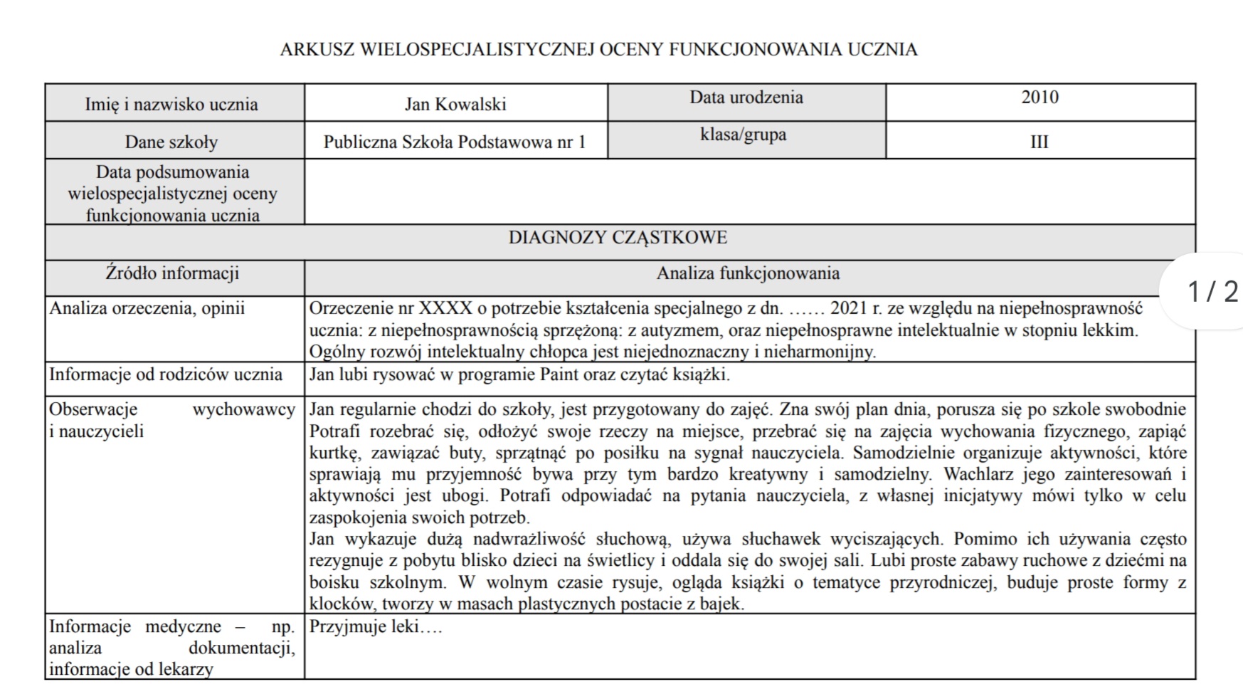 Przykładowa Wielospecjalistyczna Ocena Poziomu Funkcjonowania Ucznia Okresowa Wielospecjalistyczna Ocena Poziomu Funkcjonowania Ucznia