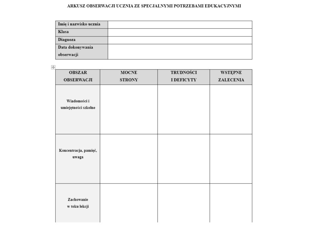 Przykładowy arkusz obserwacji ucznia SPE - szkoła podstawowa - produkt Arkusz Obserwacji Zajęć W Przedszkolu