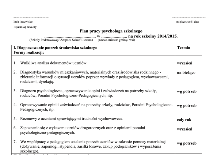 Plan Pracy Psychologa Szkolnego Doc