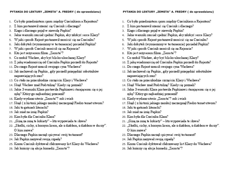 PYTANIA DO LEKTURY Zemsta | PDF Zemsta Pytania I Odpowiedzi Sprawdzian