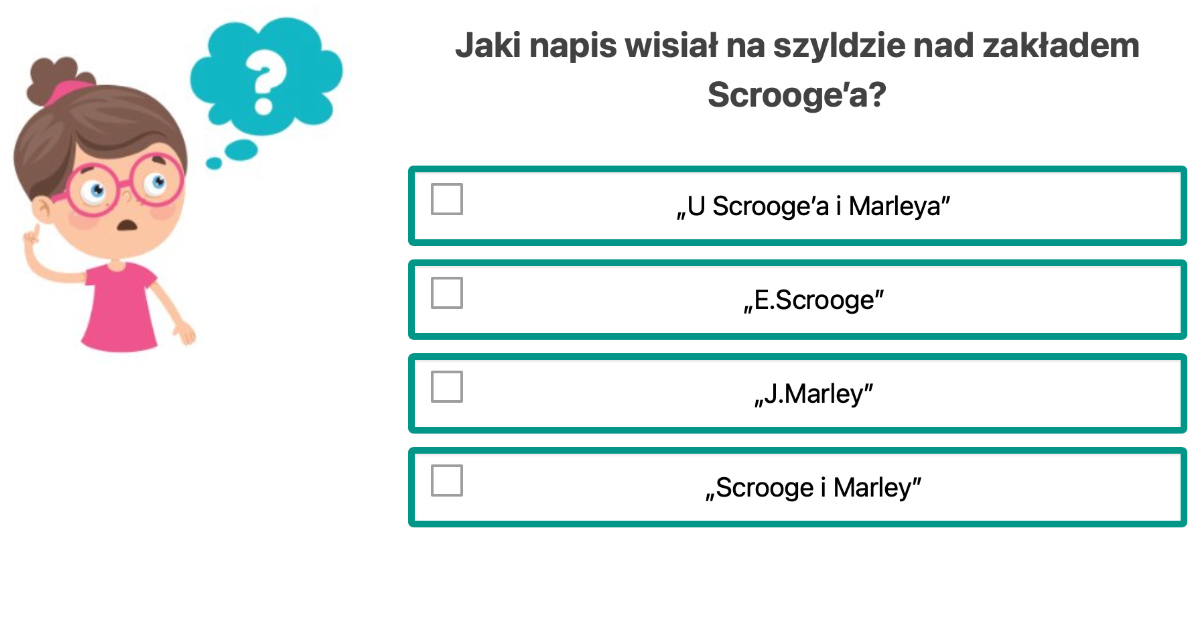 Quiz / test z lektury Opowieść wigilijna dla uczniów klasy 7 i 8 Opowiesc Wigilijna Test