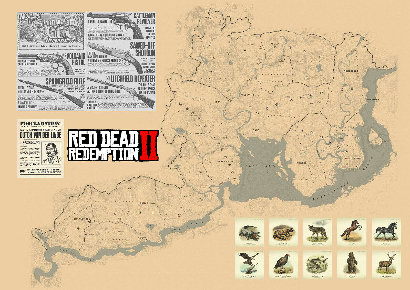 Red Dead Redemption 2, World/5 States Map, High Quality, A3/A2/A1 Red Dead Redemption 2 Map Comparison