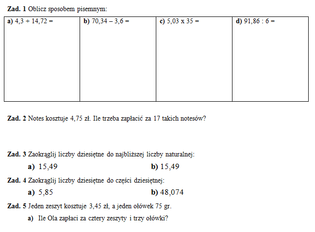 Sprawdzian Ułamki Zwykłe I Dziesiętne Klasa 6 Pdf
