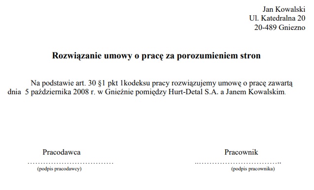 Rozwiązanie umowy za porozumieniem stron - wzór - Infor.pl Rozwiązanie Umowy O Pracę Na Mocy Porozumienia Stron Kodeks Pracy