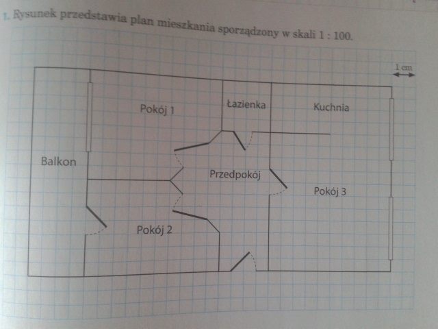 Rysunek przedstawiający plan mieszkania sporządzony w skali 1 : 100 a Plan Pokoju Krzysia Narysowano W Skali 1 100 Czyli