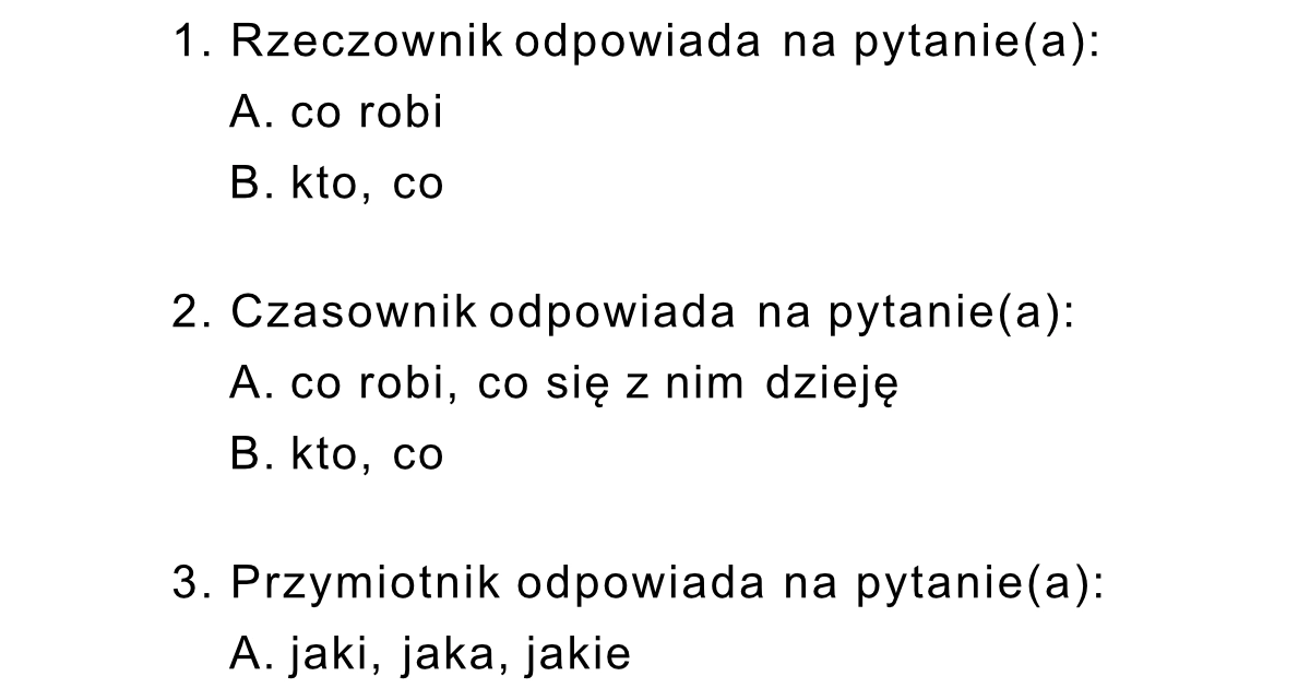 Rzeczowniki, czasowniki, przymiotniki - prosty test w PDF do druku Sprawdzian Z Rzeczownika I Przymiotnika