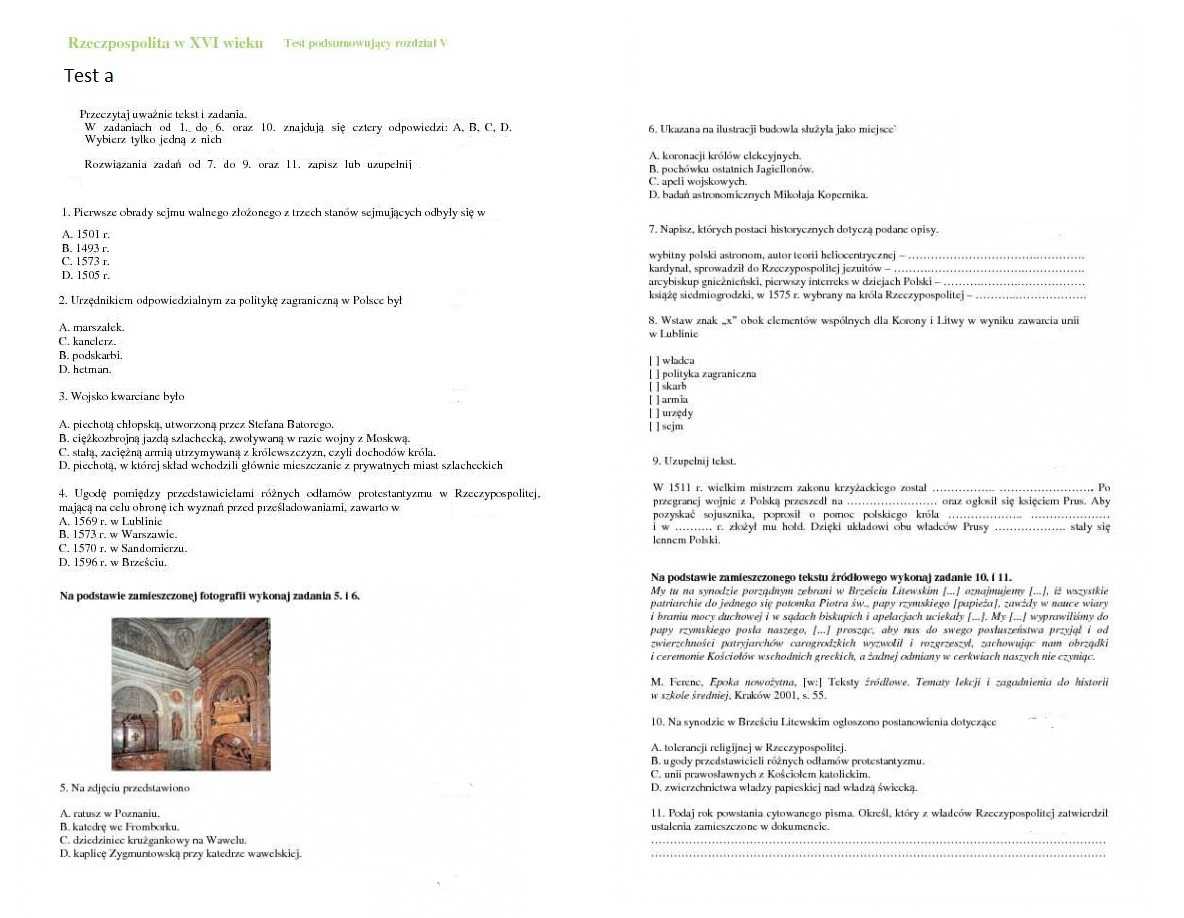 Rzeczpospolita w XVI wieku Test podsumowujący rozdział V Test w Test Historia Klasa 5 Dzial 3