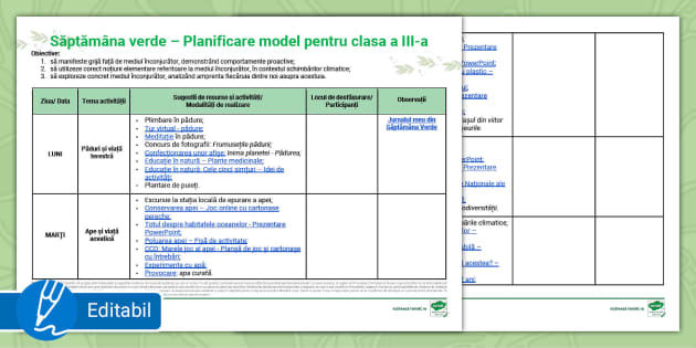 Săptămâna Verde Clasa 3/III - Model Planificare - Twinkl Planificare Clasa A 3 A Limba Romana