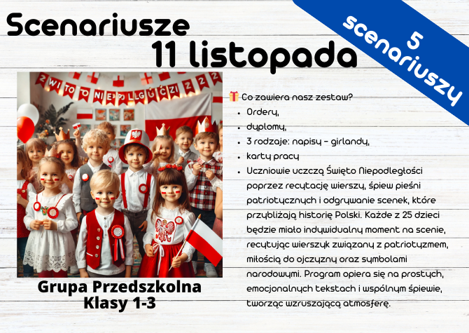 Scenariusz uroczystości – 11 listopada + karty pracy, dyplomy i medale Scenariusz Na 11 Listopada Inaczej