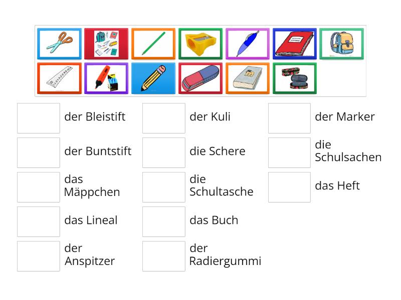 Schulsachen. Przybory szkolne. Klasa 4, niemiecki - Match up Przybory Szkolne Po Niemiecku Test