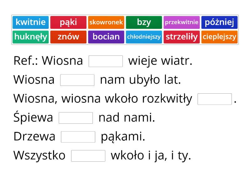 Skladowie - Wiosna tekst z lukami - Missing word Tekst Z Lukami Ortografia Klasa 3