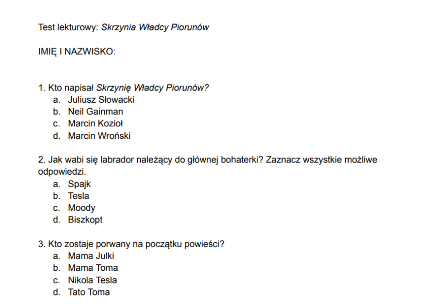 Skrzynia Władcy Piorunów - test lekturowy • Złoty nauczyciel Test Z Lektury Skrzynia Władcy Piorunów