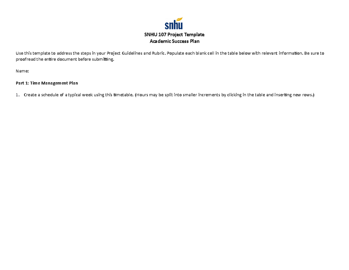 SNHU 107 Project Template - SNHU 107 Project Template Academic Success Snhu 107 Module Six Activity Template