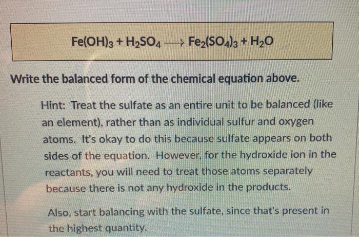Solved Fe(OH)3 + H2SO4 — Fe2(SO4)3 + H2O Write the balanced | Chegg.com Fe Oh 3 H2so4 Fe2 So4 3 H2o Balance