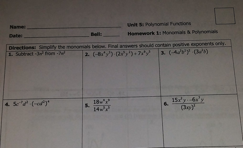 Unit 5 Polynomial Functions Homework 1