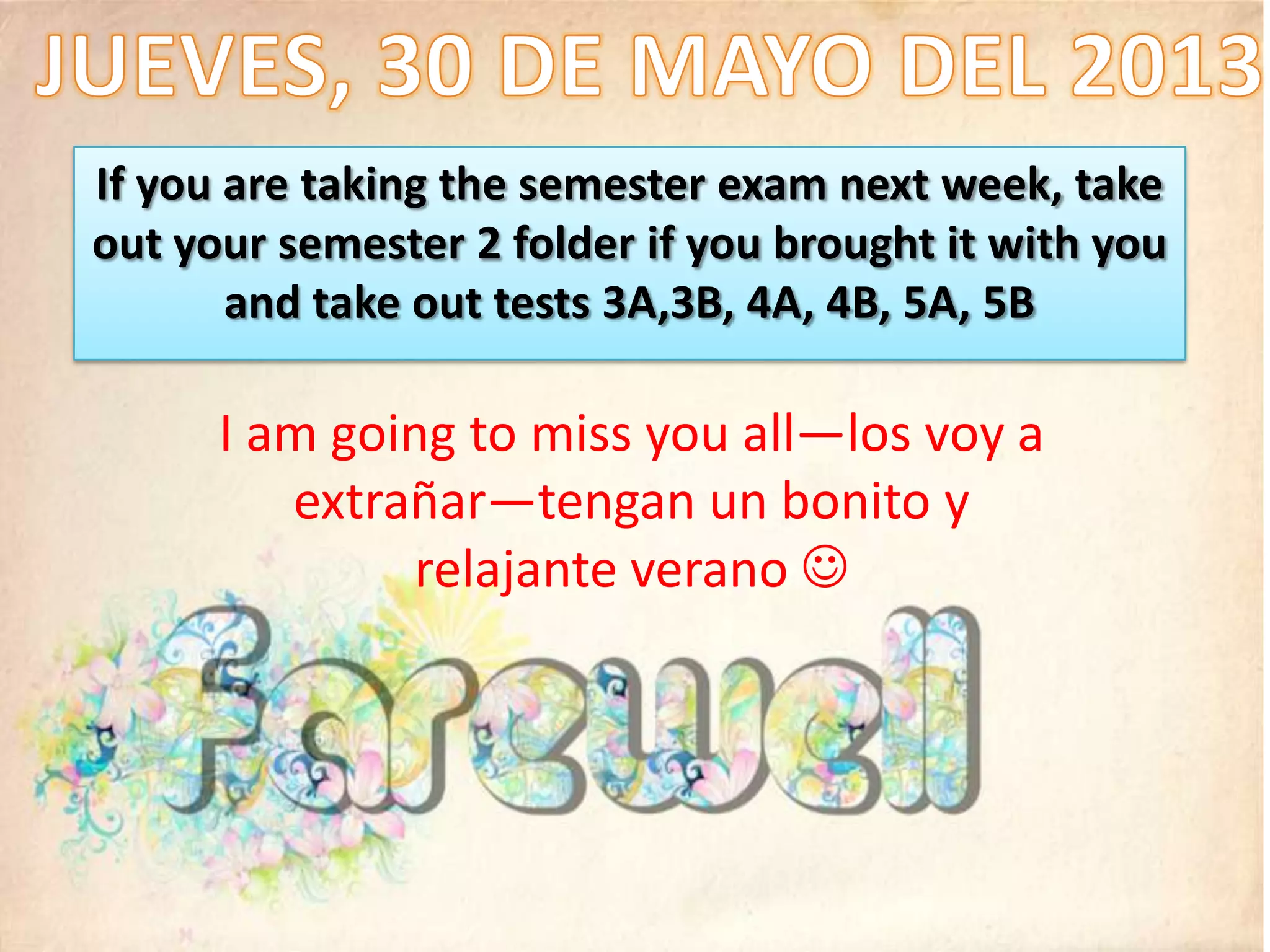 Unit 10 Lesson 2 Spanish Semester Test