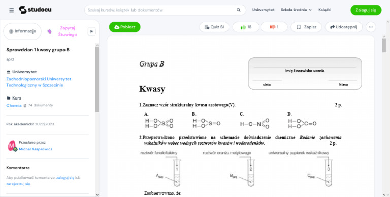Sprawdzian Kwasy Klasa 8 Grupa B