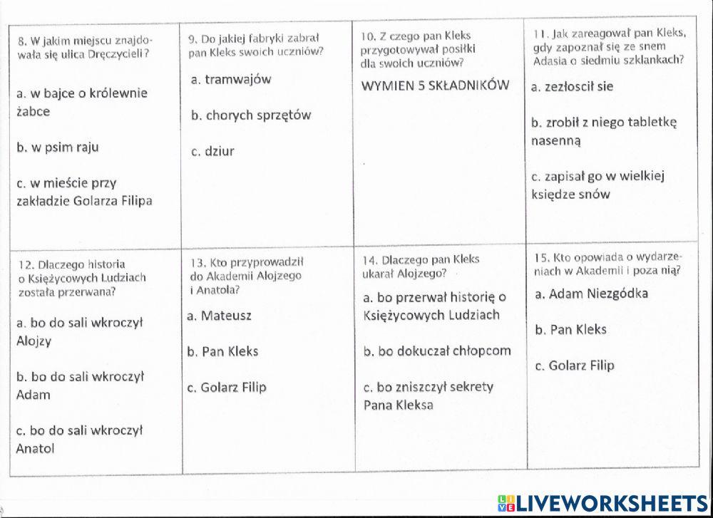 Sprawdzian Akademia Pana Kleksa | LiveWorksheets Akademia Pana Kleksa Sprawdzian Po Omowieniu Lektury