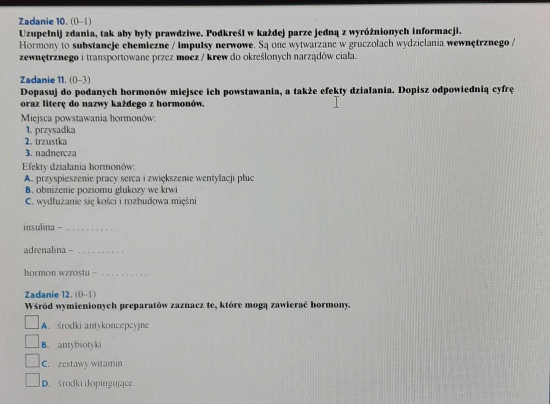 Sprawdzian Z Biologi Klasa 7 Regulacja Hormobalna Nerwowo