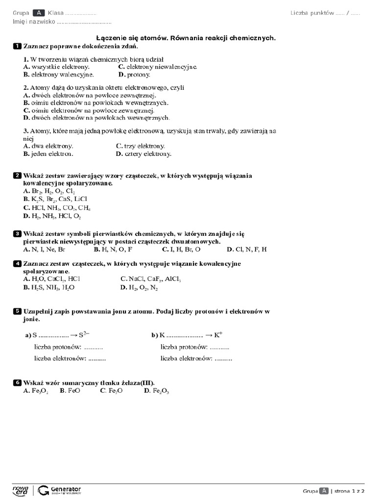 Sprawdzian Chemia Klasa 7 | PDF Chemia Klasa 7 Dzial 2 Test