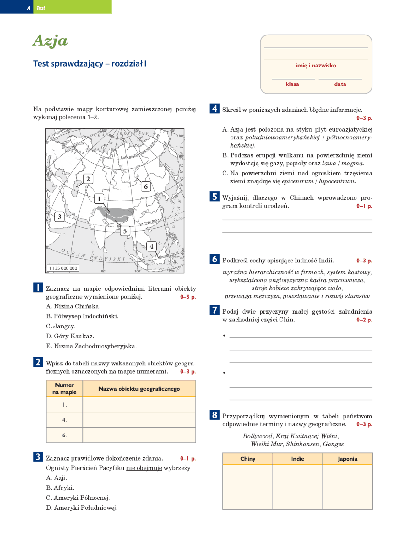 Sprawdzian geografia klasa VIII AZJA | Testy Geografia | Docsity Azja Sprawdzian Klasa 8 Pdf