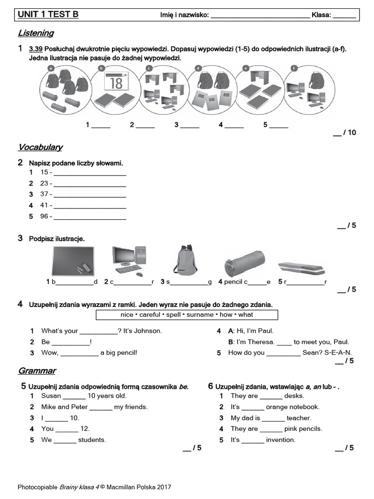 Sprawdzian Klasa 4 Brainy Test Unit 1b | PDF Brainy Klasa 4 Testy Unit 1