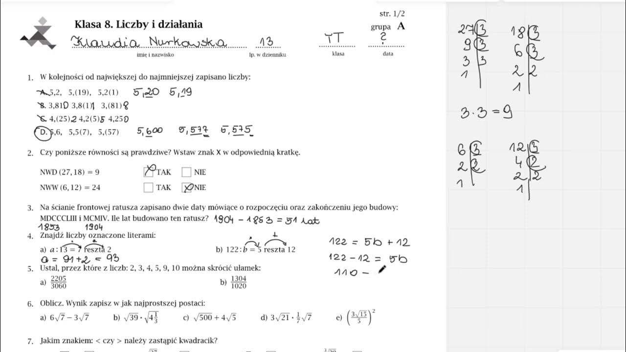 SPRAWDZIAN Matematyka. Klasa 8: Liczby i działania [1] - YouTube Test Matematyka Klasa 8 Liczby I Dzialania