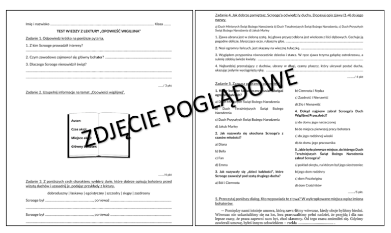 Sprawdzian, test z lektury Opowieść wigilijna + odpowiedzi • Złoty Opowiesc Wigilijna Sprawdzian