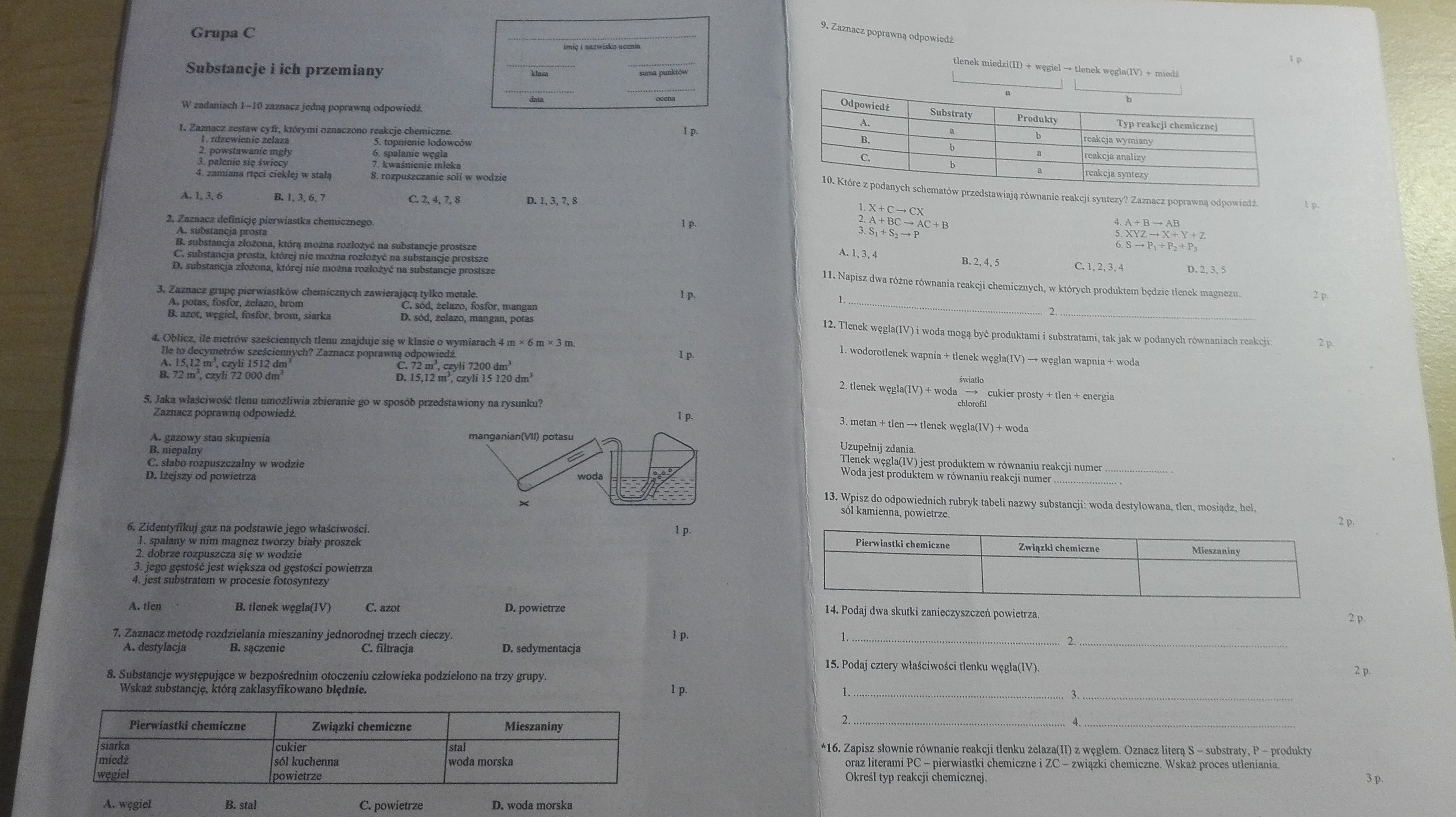 Sprawdzian Z Chemii Klasa 7 Skadniki Powietrza I Rodzaje Przemian Jakim Sprawdzian Chemia Klasa 7 Dzial 2 Skladniki Powietrza