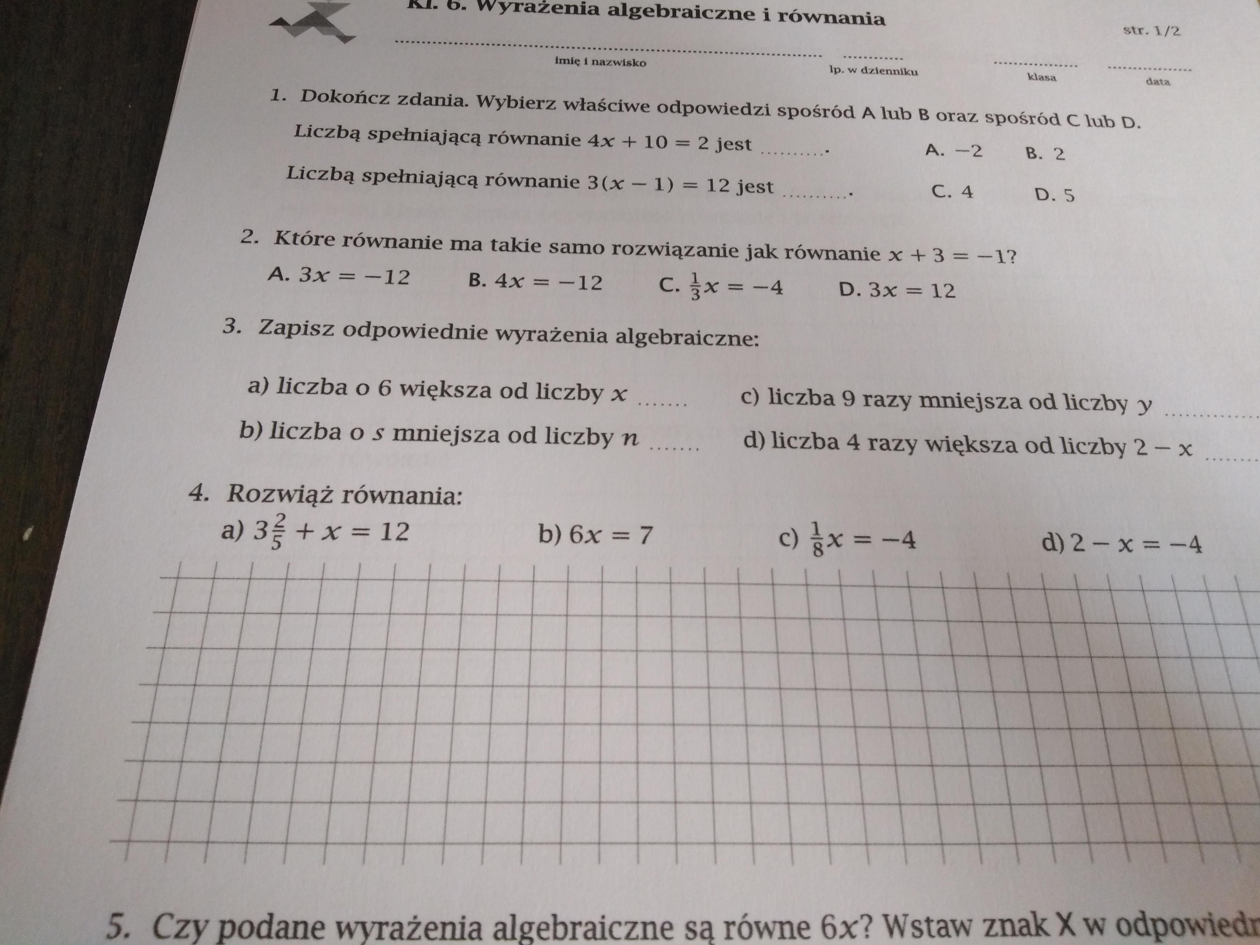Sprawdzian Z Matematyki Klasa 6 - Mądry Sprawdzian Klasa 6 Dzial1