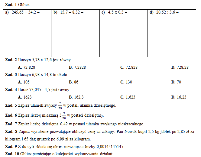 Sprawdzian Z Matematyki Ułamki Dziesiętne Klasa 4 - Mądry Sprawdzuan Matematyka Klasa 4 Dzial 1 Grupa B