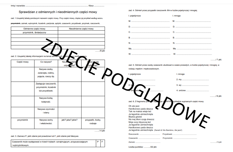 Sprawdzian z odmiennych i nieodmiennych części mowy • Złoty nauczyciel Części Mowy Klasa 6 Sprawdzian