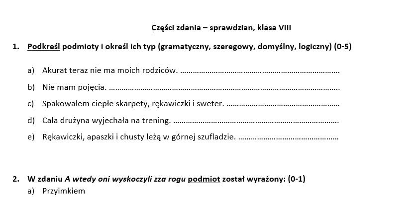 Sprawdzian z zakresu części zdania (klasa 7/8) • Złoty nauczyciel Sprawdzian Z Czesci Zdania