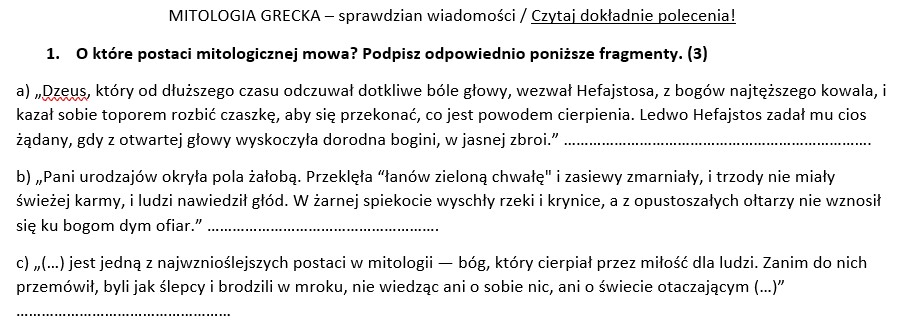 Sprawdzian Z Mitologii Klasa 6