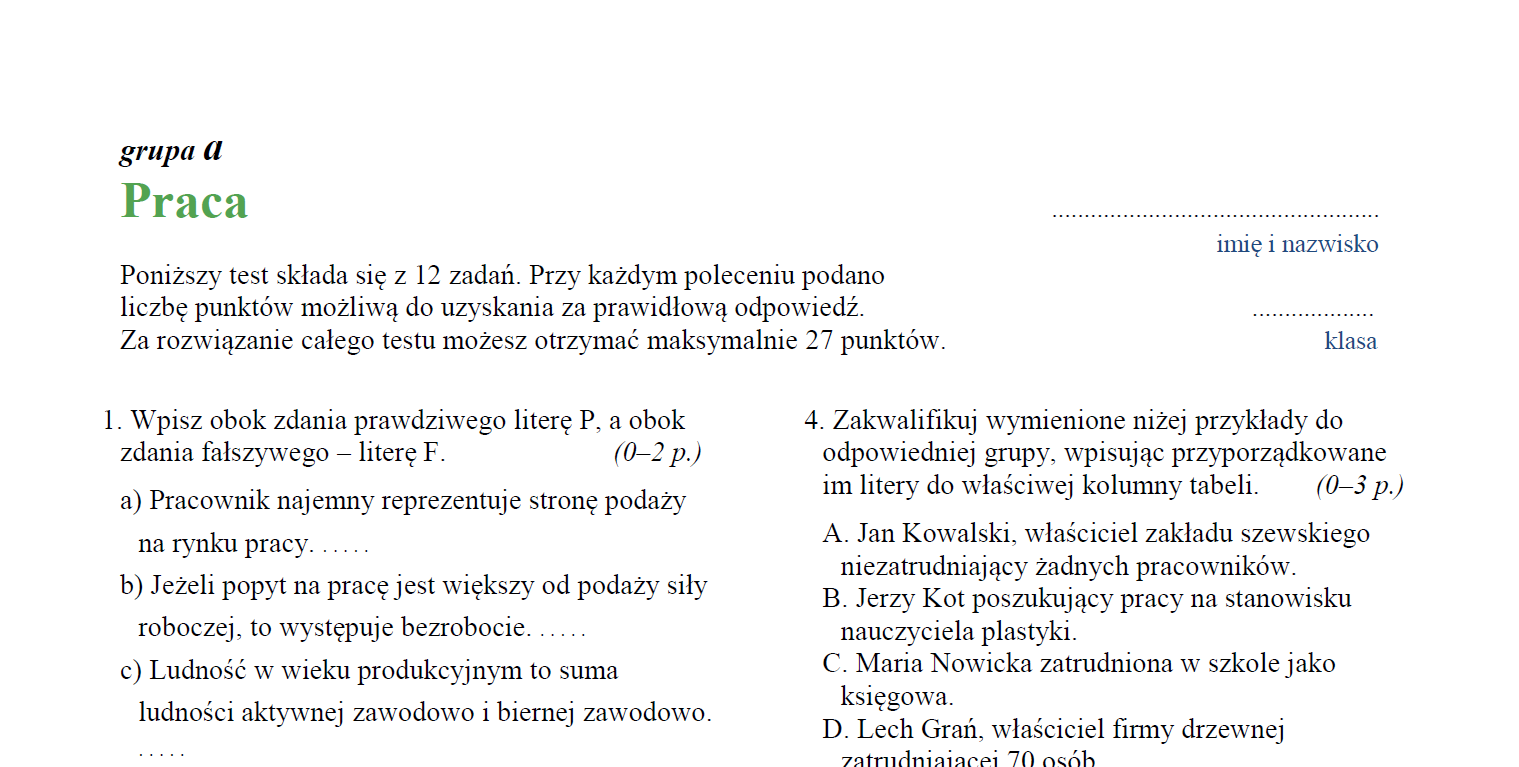sprawdziany podstawówka gimnazjum liceum: Krok w przedsiębiorczość Sprawdzian Pp Podatki I Ubezpieczenia Odpowiedzi