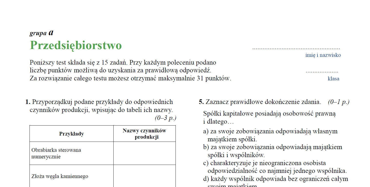 sprawdziany podstawówka gimnazjum liceum: Krok w przedsiębiorczość Sprawdzian Pp Podatki I Ubezpieczenia Odpowiedzi