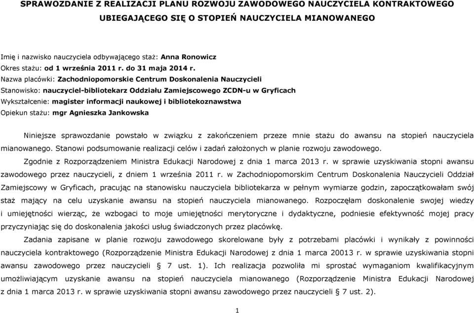 Sprawozdanie Ze Stazu Na Nauczyciela Mianowanego 2017 Przedszkole
