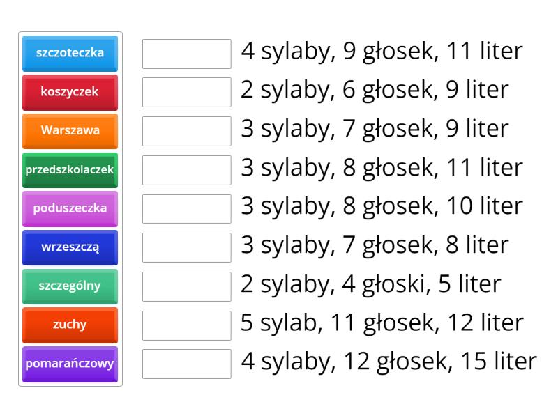 Sylaby, gloski, litery - Match up Gloski Litery Sylaby Samogloski Splgloski