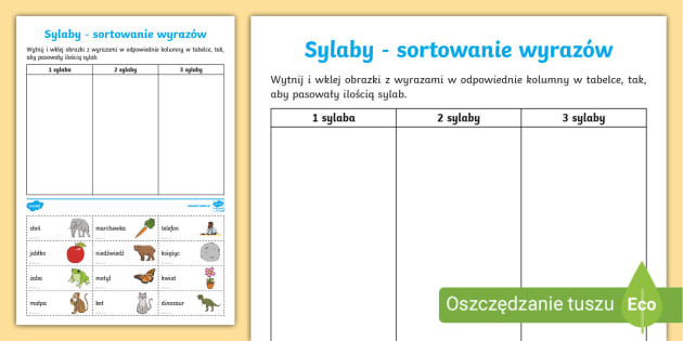 Sylaby | Karta pracy | Sortowanie wyrazów (teacher made) Karty Pracy Głoski Sylaby Litery Sprawdzian Klasa 1
