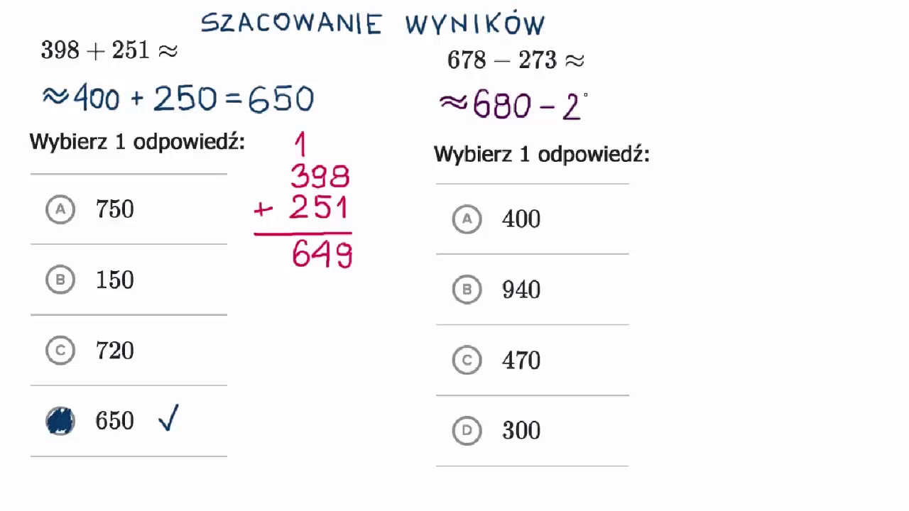 Szacowanie wyników dodawania i odejmowania liczb 3 cyfrowych - YouTube Szacowanie Wyników Działań Klasa 5