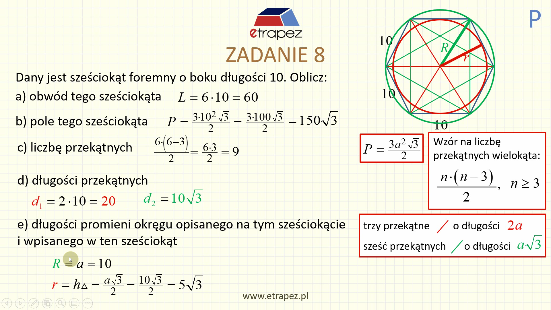 Sześciokąt foremny: pole sześciokąta, przekątne. Teoria, wzory, zadanie Wzr Na Pole Pieciokata Foremnego