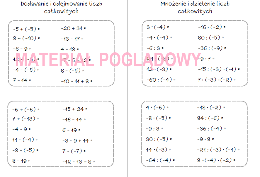 Szybkie karteczki – dodawanie, odejmowanie, mnożenie, dzielenie liczb Karty Pracy Matematyka Klasa 4 Liczby I Działania