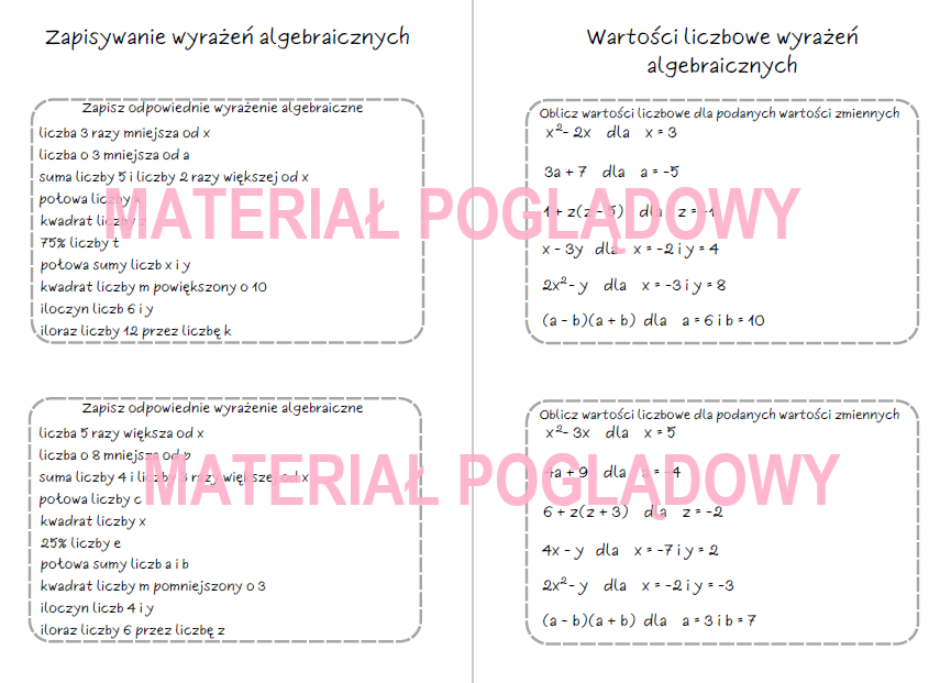 Szybkie karteczki – wyrażenia algebraiczne, sumy algebraiczne Jednomiany I Sumy Algebraiczne ćwiczenia