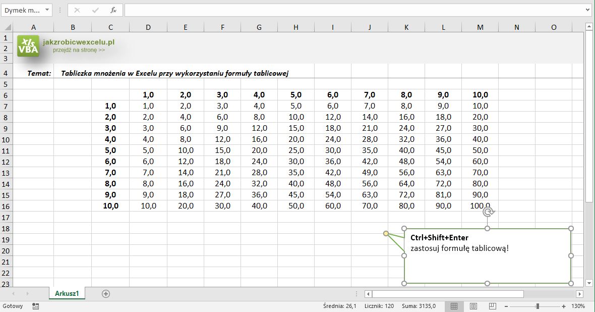 Tabliczka mnożenia w Excelu (formuła tablicowa) - Jak zrobić w Excelu? Jak Zrobic Tabliczke Mnozenia Excel