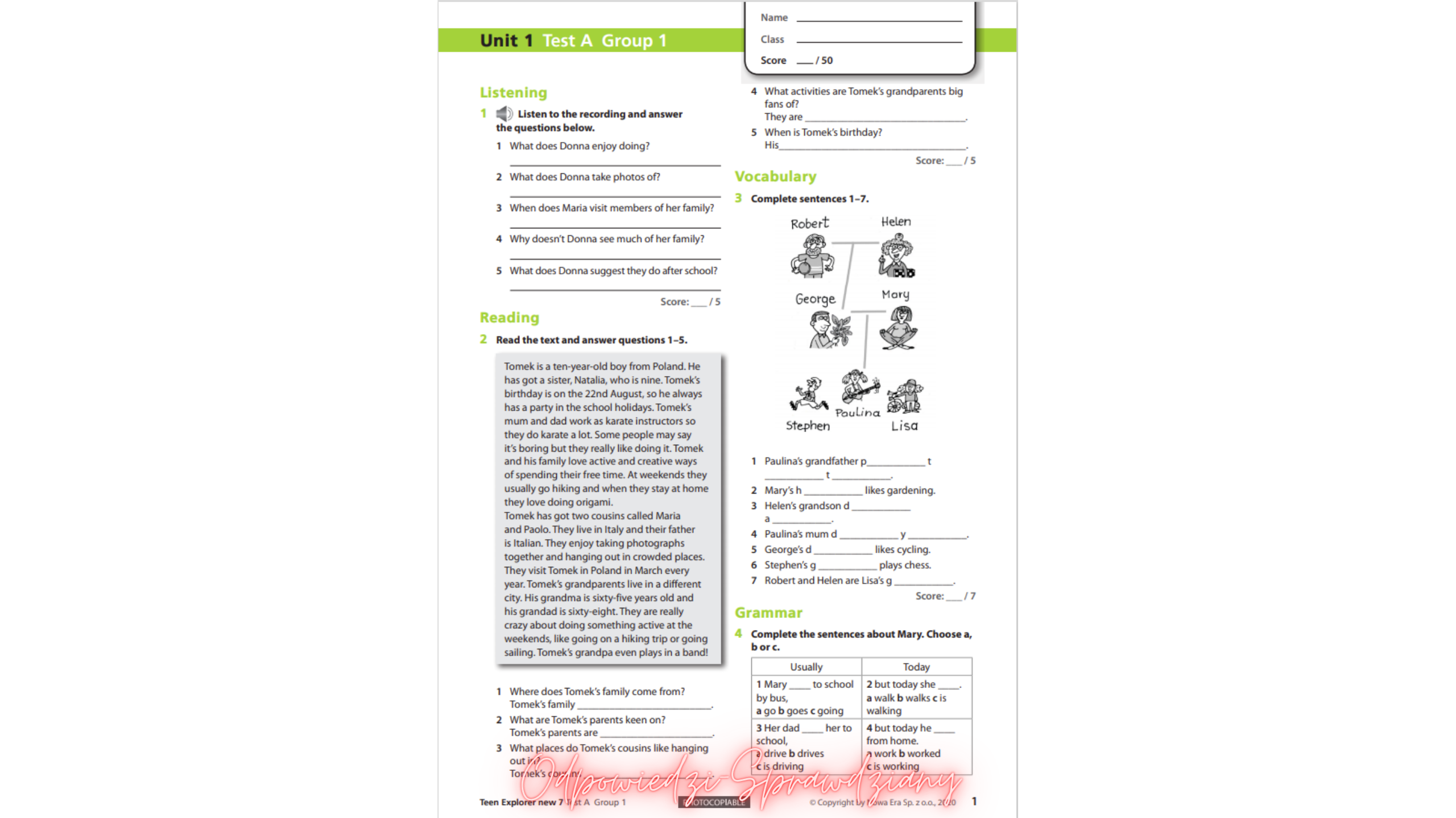 Teen Explorer New 7 Sprawdziany-Odpowiedzi PDF do pobrania 2021 Sprawdzian Z Angielskiego Klasa 7 Unit 1 Pdf