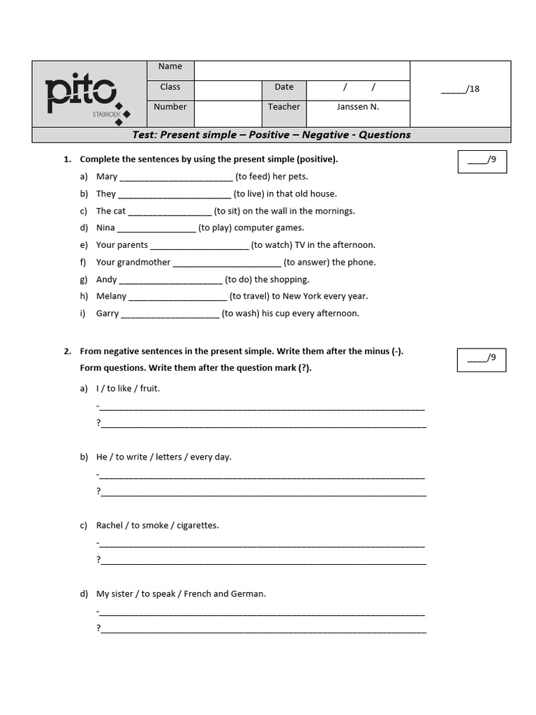 Test 4 Present Simple PONEQU | PDF Present Simple Test Klasa 4