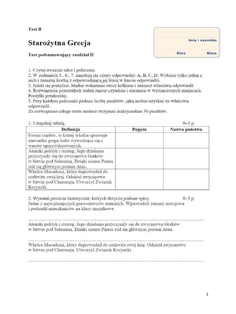 Test B Starozytna Grecja | PDF Starozytna Grecja Krzyzowka